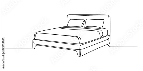 Continuous single line drawing of a bed with pillows and bedding on a white background Vector, illustration