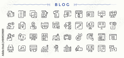 Blog icon set. Web icons pack. It contains symbols to influencer, content, content creator, creator, stream, content creation. Signs for web and mobile app. Influencer icon collection.