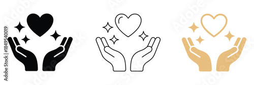 Healing Touch Icons, a vector collection of three hand, heart, and spark icons available in monochrome, black-and-white outline, and full-color soft gold flat illustrations for health and healing 