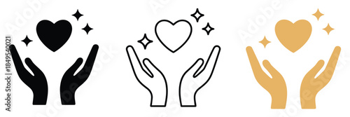 Healing Touch Icons, featuring three hand, heart, and spark silhouettes in flat solid monochrome, thin black outline, and full-color soft gold flat styles for wellness and care design