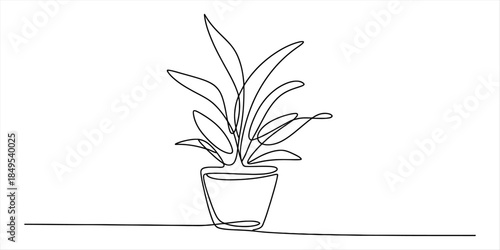 Continuous line art drawing of a houseplant in a pot with minimalist style Vector, illustration