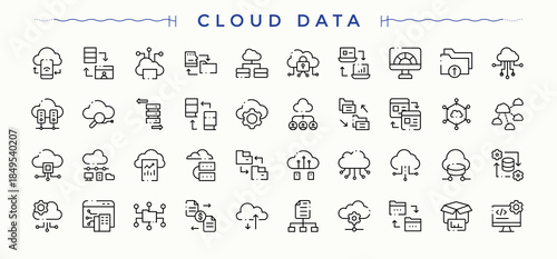 Cloud Data line icon set. Contains such symbols as technology, data server, information, server, database, data and more. Minimalist icons collection. Art and illustration. Information icon set.