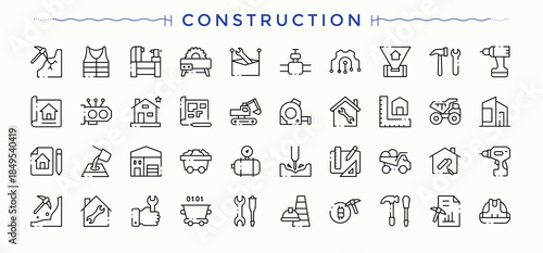 Construction Tools icon set. Thin outline icons pack. Pictograms of tool, paint, equipment, build. Editable stroke. Vector illustration. Tool linear icon set.
