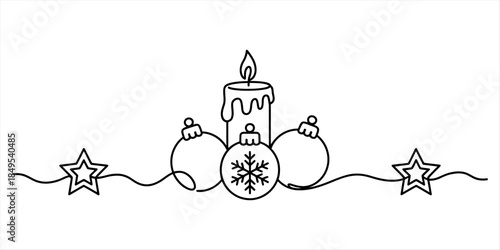 A single continuous line drawing of christmas decorations with a candle and baubles Vector, illustration