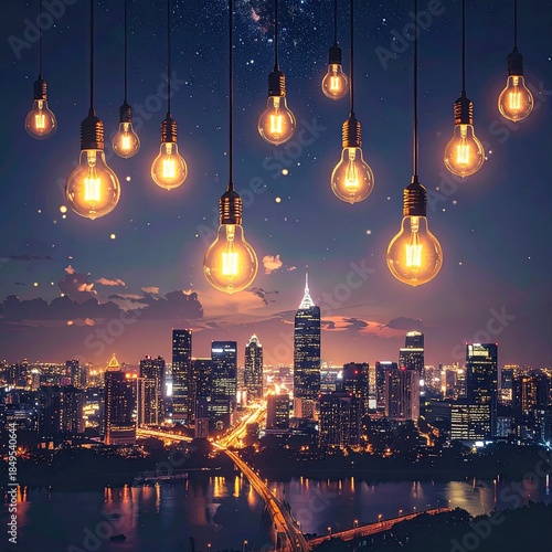 City skyline at night, illuminated by warm light bulbs