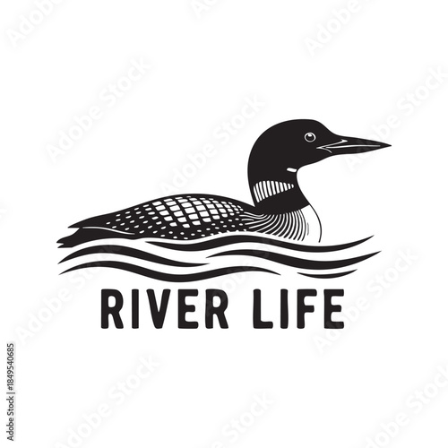 River Life Black and White Illustration of a Common Loon on Water