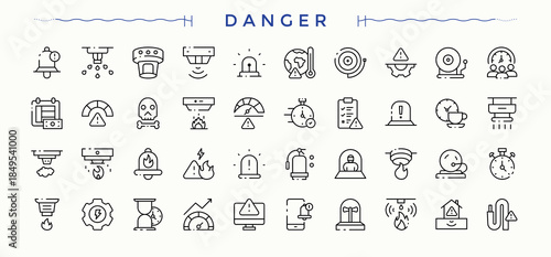 Danger linear icon collection. It contains symbols to lock, alert, watch, notification, timer and more. Watch icon collection. Icons for UI design. Signs for web and mobile app.