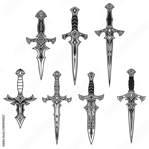 Set of decorative fantasy swords with intricate designs for fantasy and gaming themes