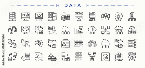 Data icon pack. Minimalist linear icons. Vector collections. Data Analysis linear icon set. Contains outline symbols like cloud data server, analysis, data analysis and more.