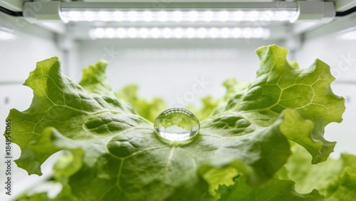 Macro shot of fresh lettuce leaf with a water droplet, growing in a white home vertical farm

