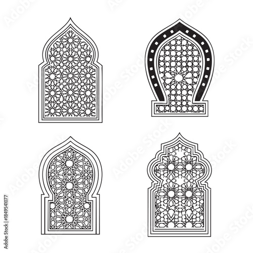 Set of Four Intricate Islamic Window Designs for Architecture and Decor