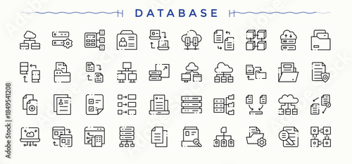Database icon set. Minimalist icons pack. Vector collections. Center icon collection. It contains symbols to hosting, data, data center, cloud data, host, analytics and more.