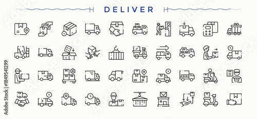 Delivery vector icon set. Featuring deliver, parcel, transport, distribution, shipping, transportation. Shipping icon set. Collection of simple line web icons. Editable stroke. Vector illustration.