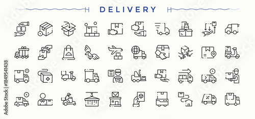 Delivery line icon set. Shipment minimal icons set. Thin outline icons pack. Distribution modern icon set. Editable stroke.