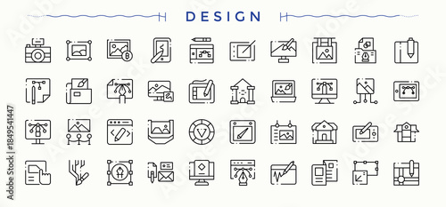 Design line icon set. Art icon collection. UI icons set in a thin style. Includes symbols for drawing, idea, artistic, sketching, paint, art, artwork and more. Pixel perfect. Editable stroke.