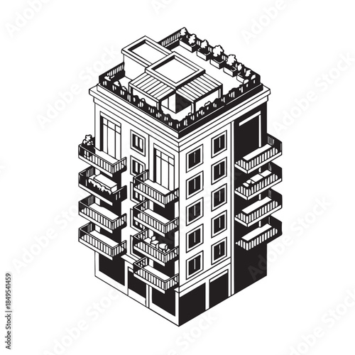 Stylish Isometric HighRise Building With Multiple Balconies For Urban Architecture Design