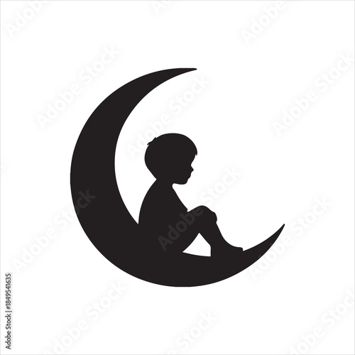  Silhouette Child sitting on moon dreamy night vector illustration