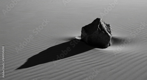 A solitary rock casts a long shadow on a sandy expanse