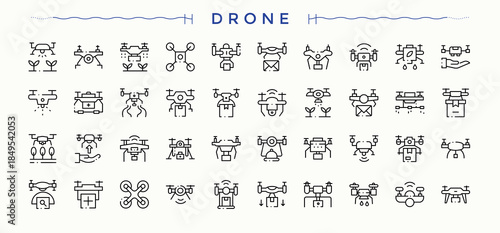 Drones icon set. Line symbol and sign. Flight icon pack. Related to helicopter, camera, drone, aerial, air, transport and more.