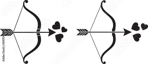 Silhouette of cupid bow and arrow with hearts in white