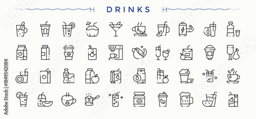 Drinks vector line icon set. Contains related to restaurant, juice, tea, beer, drink, beverage, wine. Restaurant icon set. Collection of simple line web icons. Vector illustration. Pixel perfect.
