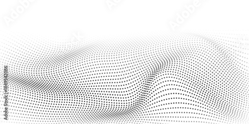 Abstract halftone background with wavy surface made of gray dots on white