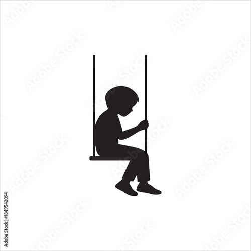 Silhouette child sitting on swing black and white vector illustration