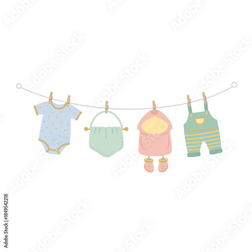 Baby clothes hanging on a clothesline. Flat vector illustration of newborn laundry drying. Pastel apparel set isolated on transparent background