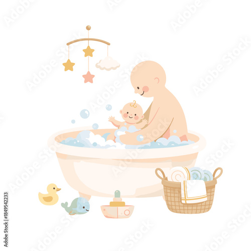 Mother washing baby in bathtub. Parent and child bath time concept with toys and bubbles. Flat vector illustration isolated on transparent background