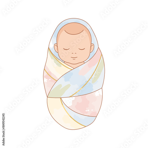 Sleeping newborn baby wrapped in pastel swaddle blanket. Flat vector illustration isolated on transparent background. Infant icon for nursery design