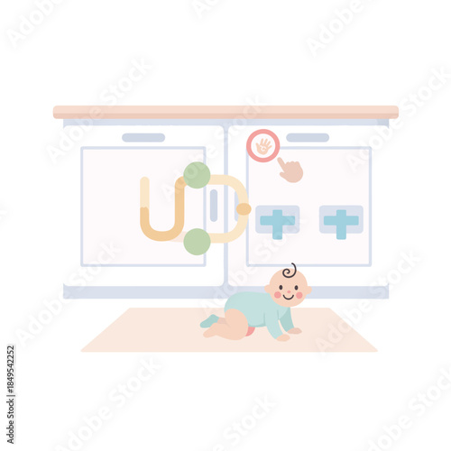 Flat vector illustration of baby proofing kitchen cabinets with safety lock. Child home safety concept with crawling infant. Isolated design element