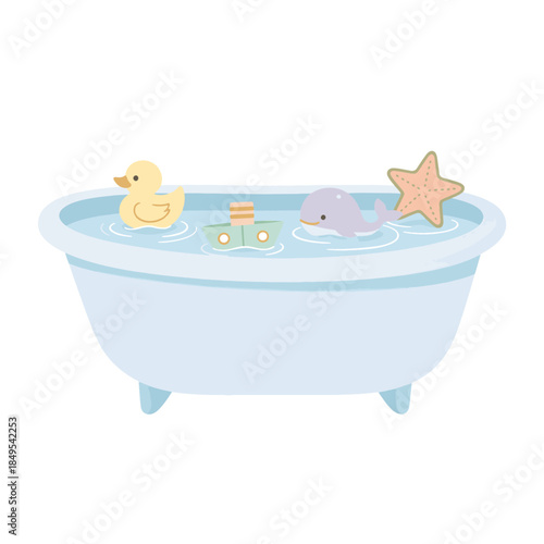 Bathtub with floating toys vector illustration. Flat cartoon bath time scene with rubber duck, whale, boat and starfish. Isolated bathroom element