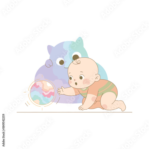 Flat vector illustration of a curious baby crawling. Infant playing with a magic ball and imaginary friend. Pastel cartoon character design isolated on transparent background