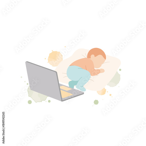 Baby sleeping on pillow next to open laptop computer. Work from home and parenting concept. Flat design vector illustration