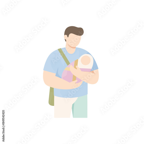 Father carrying baby in a front carrier. Flat design vector illustration of a dad holding an infant. Parenting and fatherhood concept.