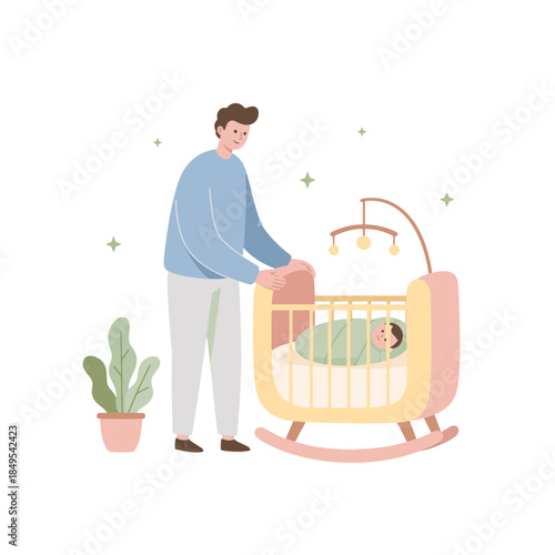 A father gently rocking a baby's crib. Flat vector illustration of parenting and childcare. Fatherhood and family life concept