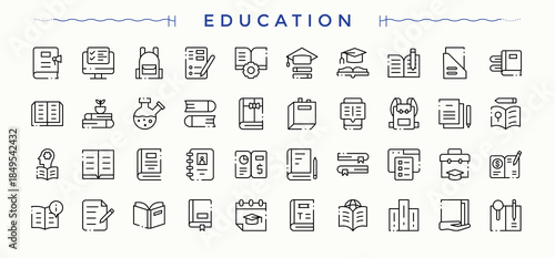 Education icon set. Contains such symbols as graduation, lesson, college, student, e-learning and more. School icon set. Minimalist linear icons. Editable stroke.
