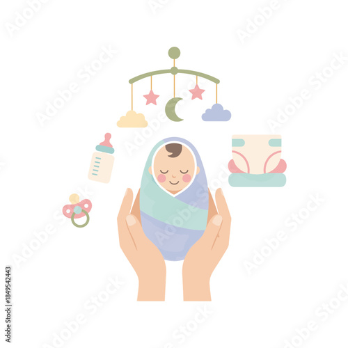 Newborn baby care flat vector illustration. Hands holding a swaddled infant with care icons. Isolated graphic elements for parenting and baby shower designs