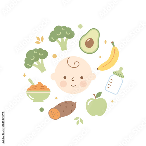 Flat vector illustration of healthy baby nutrition. A collection of first foods like fruit and vegetables for infants. Weaning and diet concept icons