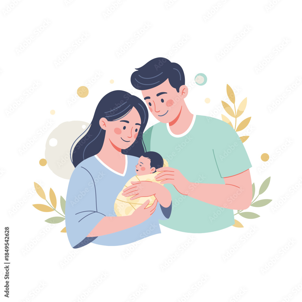 Obraz premium A flat vector illustration of parents holding their newborn baby. Happy young family and parenthood concept. Graphic element for greeting cards and invitations