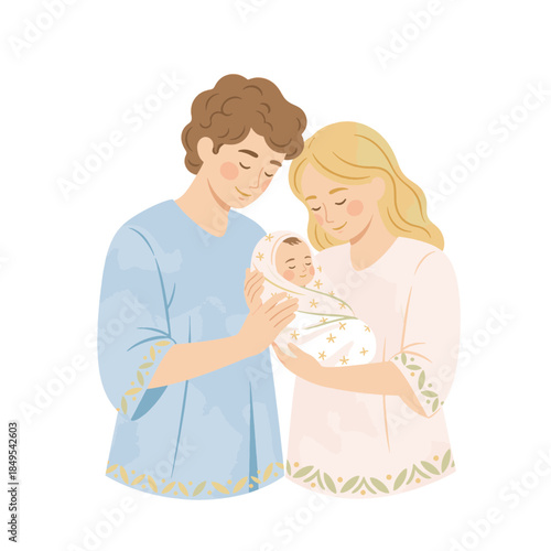 A loving couple holding their newborn baby. New family and parenthood concept. Flat design vector illustration.