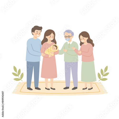 A happy multi-generational family meeting a newborn baby. Flat vector style illustration of parents introducing a baby to relatives. Family love and new life concept