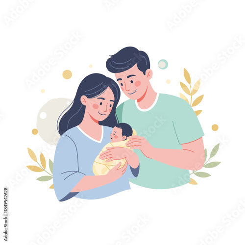 A flat vector illustration of parents holding their newborn baby. Happy young family and parenthood concept. Graphic element for greeting cards and invitations