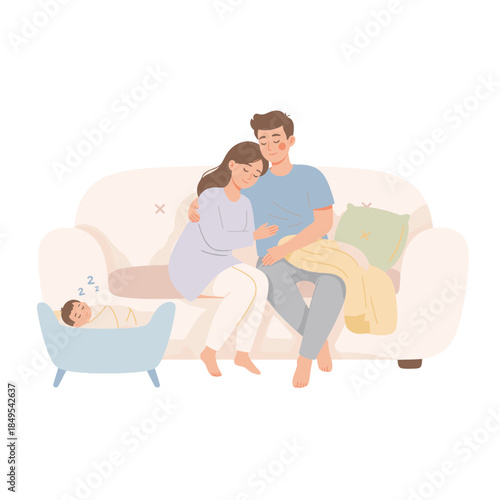 Young parents resting on a sofa while their baby sleeps. New family life and parenthood concept. Flat design vector illustration