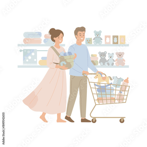 A young couple shopping for baby items in a store. Parents with a newborn preparing for parenthood. Flat design vector illustration