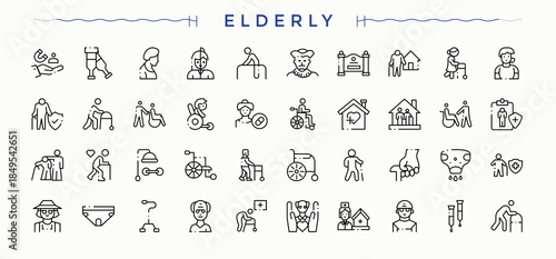 Elderly Care vector icon set. Trendy minimal icons. Age icon collection. Featuring support, elder, disable, nursing, care, grandparent, senior and more.