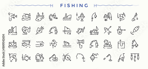 Fishing icon set. Contain linear symbols hunt, sea, recreation, fisher, activity, outdoor and more. Hunt vector icon set. Minimalist vector collections. Vector illustration.
