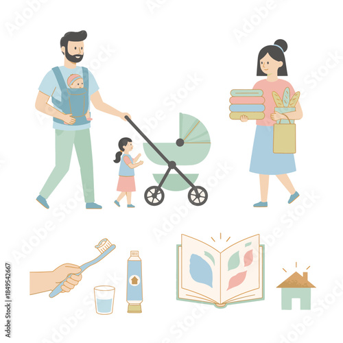 Practical parenting duties and family life illustration set. A father, mother, and children with daily routine icons. Flat design vector graphic