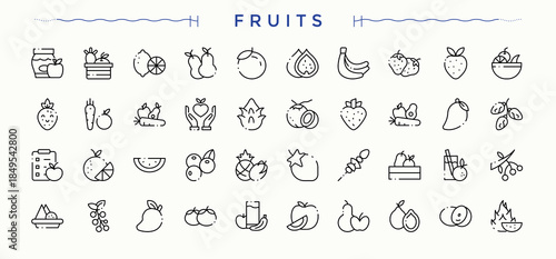 Fruits related icon set. Fresh Fruits minimalist icons collection. Thin web icons. Fruit Food icon set. Editable stroke.
