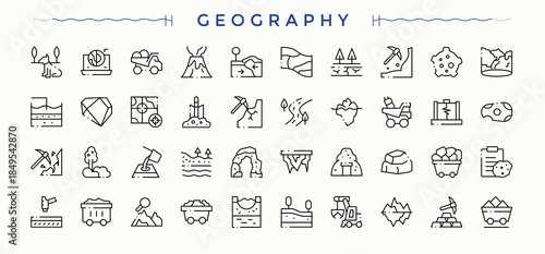 Geography modern icon set. Geography icon collection. Minimalist icons pack. Pack of mining, earth, geology and more. Editable vector. Pixel perfect.